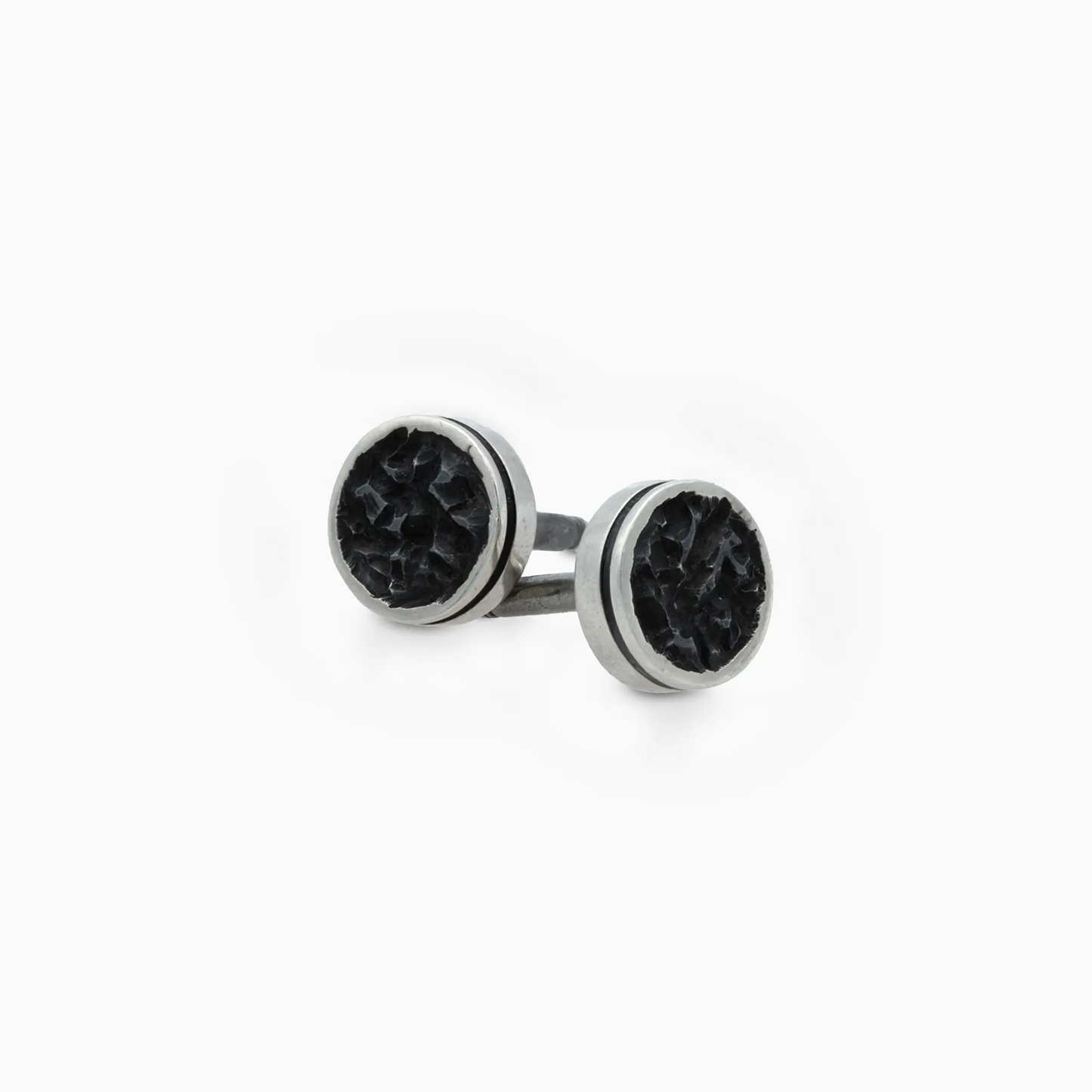 Sterling Silver handcrafted silver Eclipse Earrings with oxidized centers, sleek round frame, 6 mm diameter, unique design.