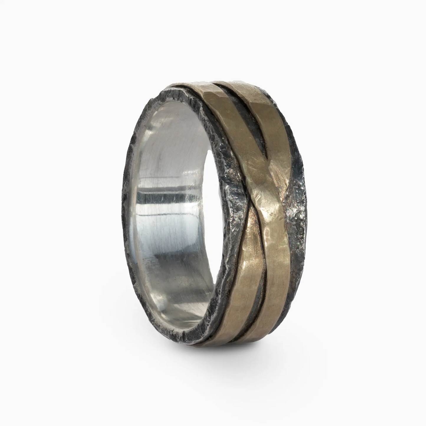 Sterling Silver silver and brass ring with intersecting lines and rough textures, symbolizing unity and timeless style.