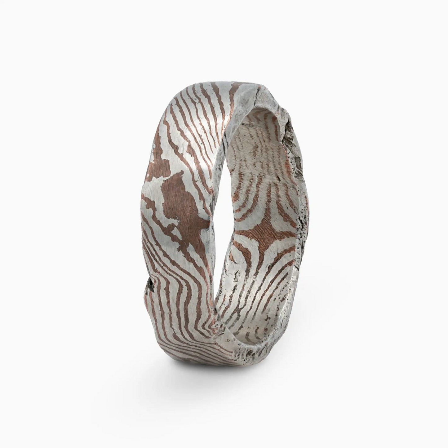 Sterling silver moku Ring standing upright, highlighting a blend of metals and handcrafted details.