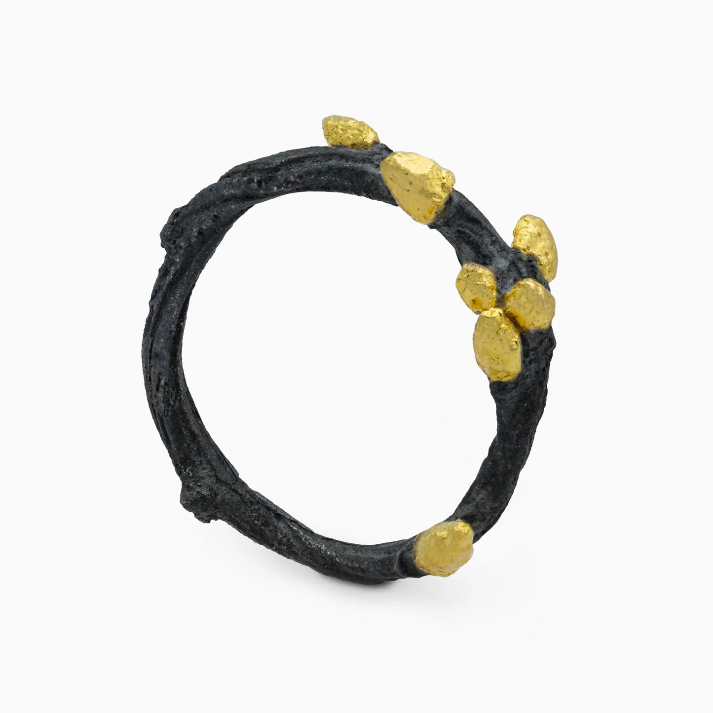 Sterling Silver bonsai ring in oxidized silver with gold vermeil accents, featuring a nature-inspired design.