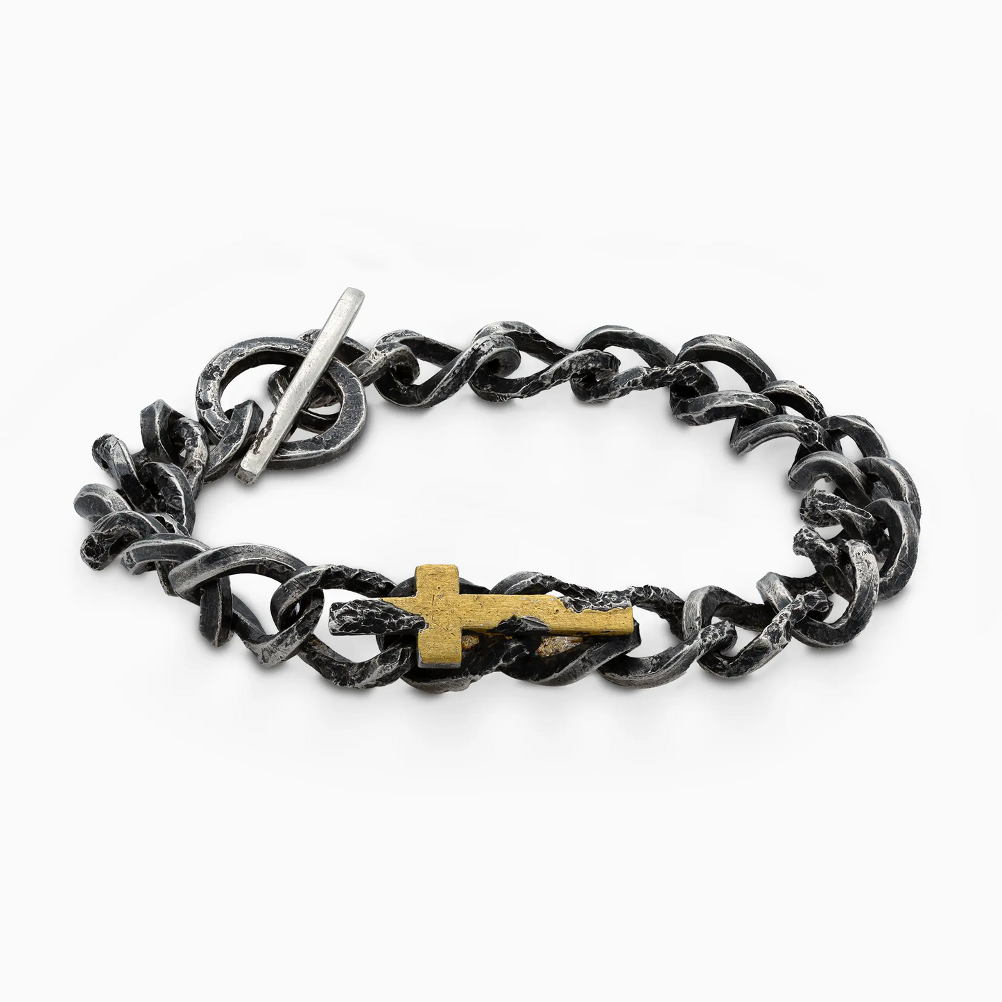 Sterling Silver side profile of an artisanal bracelet with bold silver links and a gold-covered silver cross, complementing…