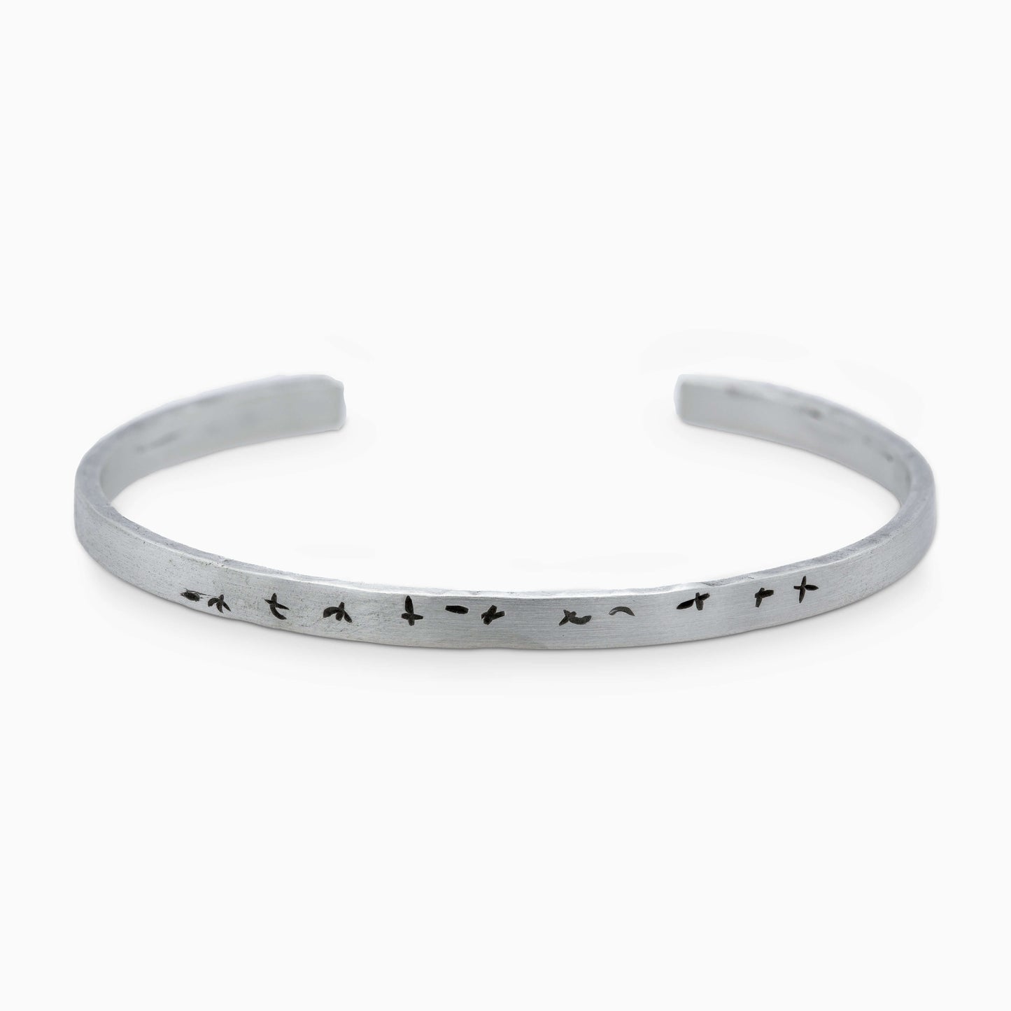 Handcrafted 925 silver Birds Echelon bracelet with minimalist bird formation patterns, 4.5mm width, lightweight open cuff design.