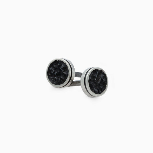 Handcrafted 925 silver Eclipse Earrings with oxidized centers in a sleek round frame, unique design, 6 mm diameter.