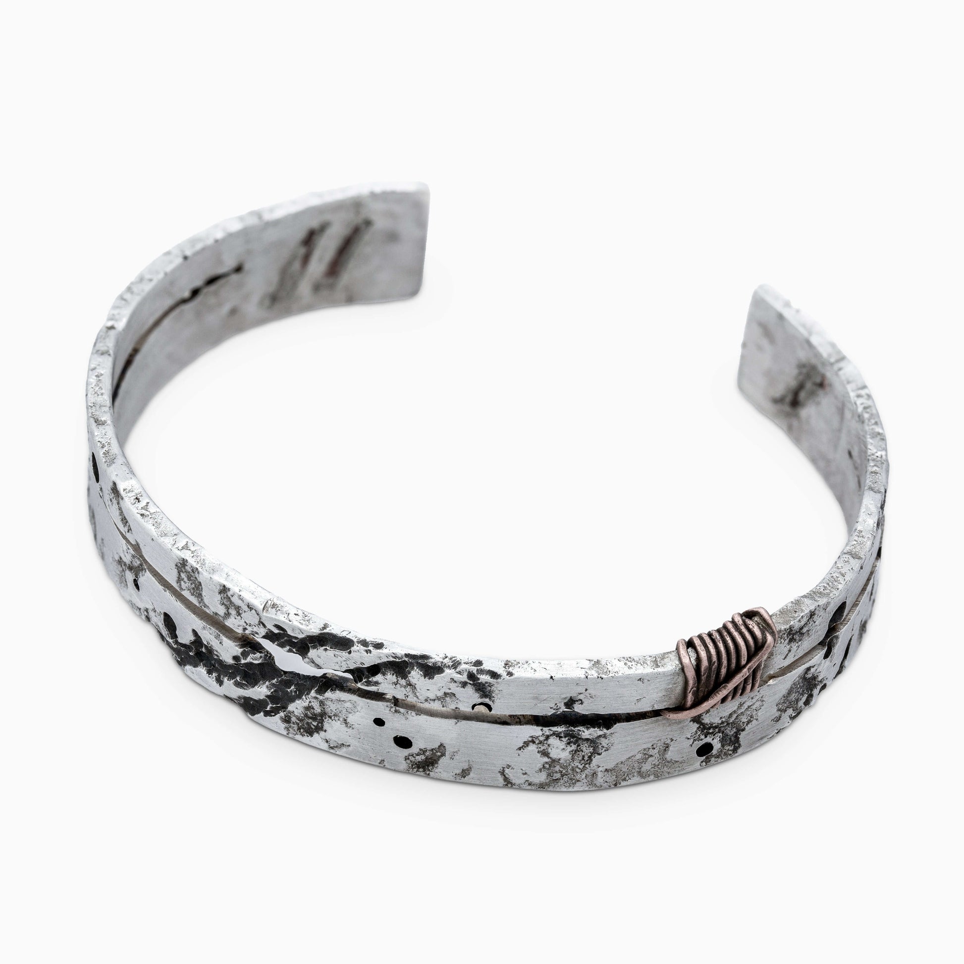 Handmade 925 silver ISRT bracelet with textured design, 14 mm wide and 2.2 mm thick, showcasing unique craftsmanship.