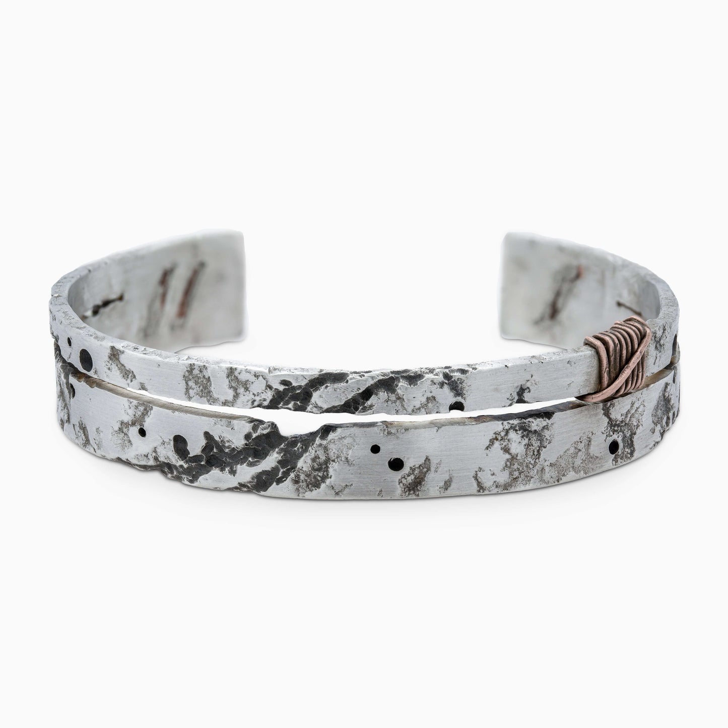 Handcrafted 925 silver ISRT bracelet with unique textured design, measuring 14 mm wide and 2.2 mm thick.