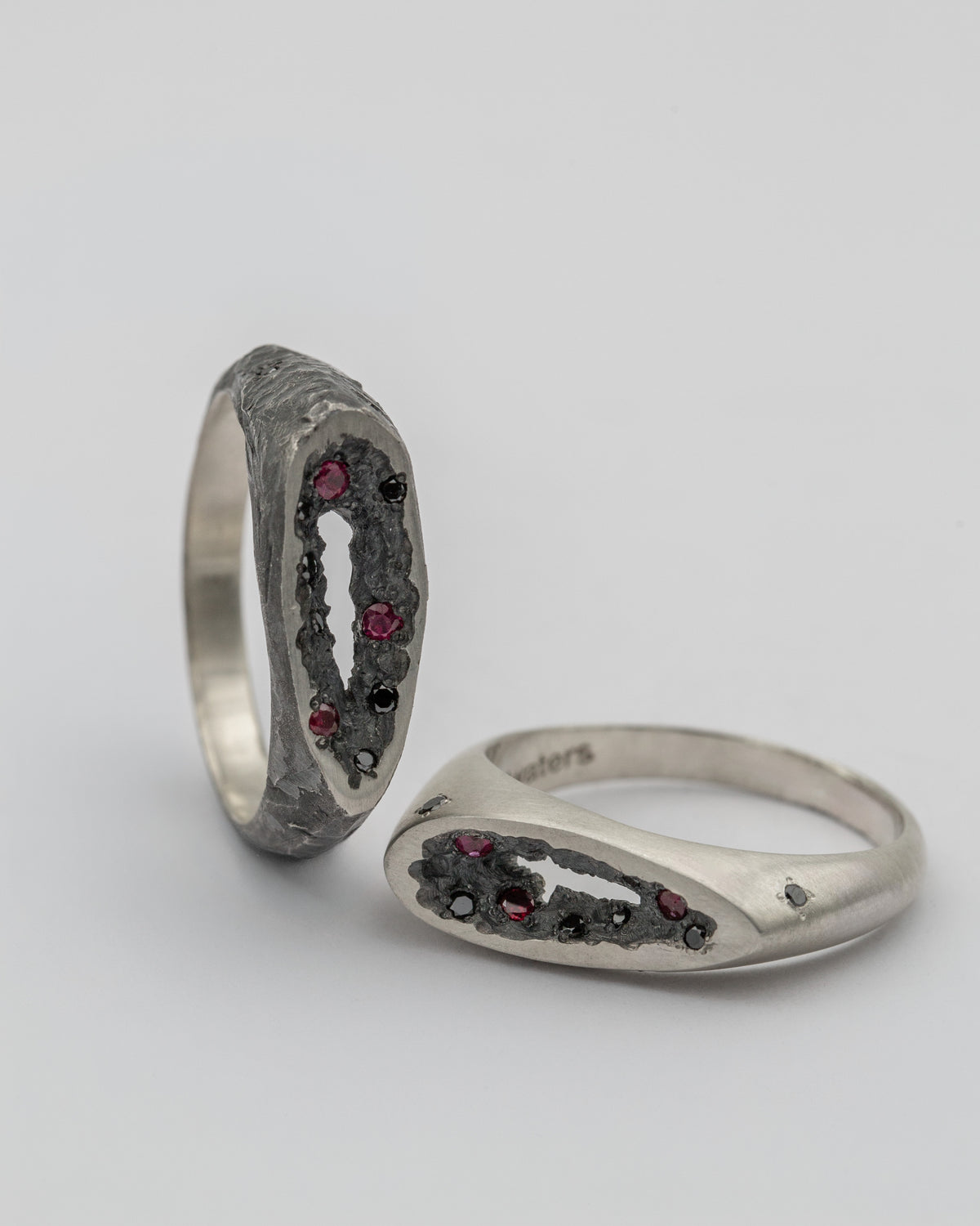 Void Ring White | Matte Sterling Silver Ring with Cross Opening, Natural Rubies and Black Diamonds