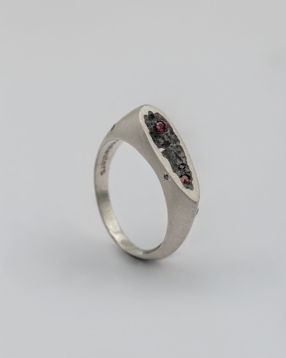 Void Ring White | Matte Sterling Silver Ring with Cross Opening, Natural Rubies and Black Diamonds