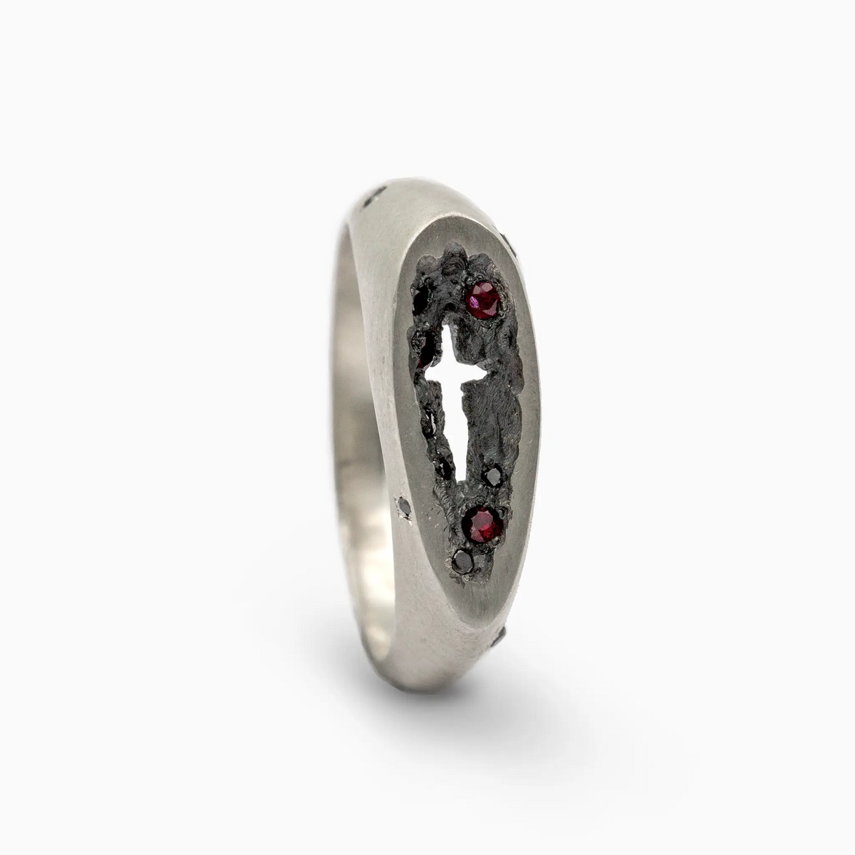 Void Ring White | Matte Sterling Silver Ring with Cross Opening, Natural Rubies and Black Diamonds